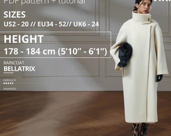 Molde para Casaco Gwendoline, tamanhos EU 34-52, altura 178-184, padrão de casaco longo, tutorial de costura de casaco oversized, sobretudo forrado, casaco plus size.