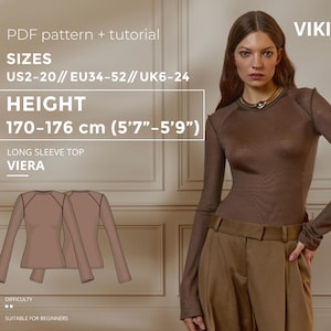 May include: A woman wearing a brown long-sleeve top and tan pants. The image includes text indicating a PDF pattern and tutorial for a long sleeve top, sizes US2-20, and height 5'7"-5'9". The brand name "VIKISEWS" is also visible.