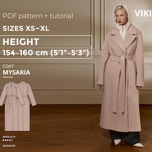 May include: A light pink coat with a matching belt, worn by a person. The coat is a PDF pattern and tutorial, sizes XS-XL, for heights 5'1"-5'3". The coat is called MYSARIA, and the difficulty level is advanced. The brand is VIKISEWS.