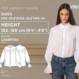 Lagertha Blouse Sewing Pattern PDF | Romantic Ruffle Sleeve Blouse | Gathered Yoke Shirt Pattern | Boho Blouse PDF | EU 34–52 Height 162-168