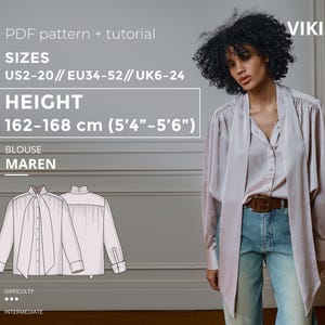 May include: A woman wearing a light purple blouse with a long tie, paired with blue jeans and a brown belt. The image includes text: "PDF pattern + tutorial", "BLOUSE MAREN", and size information.