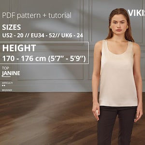 Janine Top Schnittmuster PDF | Schlichte taillierte Bluse | Rundhalsausschnitt Top Muster | Garderobe Basic | EU 34-52 Höhe 170-176 cm