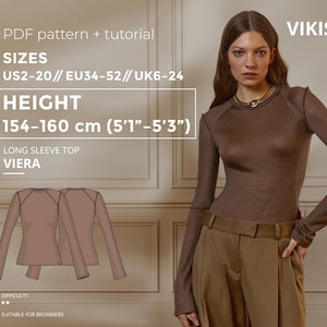Puede incluir: Una mujer modela un top de manga larga marrón, combinado con pantalones marrones. La imagen incluye un patrón y tutorial para el top "VIERA", con tallas US2-20, EU34-52, UK6-24, y una altura de 154-160 cm.
