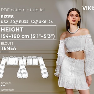 May include: White off-the-shoulder blouse and skirt set with eyelet detailing. The image includes a PDF pattern and tutorial for the "TENEA" blouse, with sizes US2-20, EU34-52, and UK6-24. The height is 5'1"-5'3". The difficulty level is intermediate.