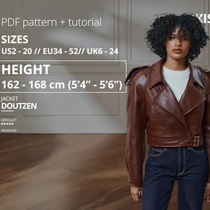 May include: A woman wearing a brown leather jacket with a belt, paired with dark blue jeans. The jacket has a unique design with shoulder details. The image includes text indicating the jacket pattern is available in sizes US2-20, for heights 5'4" - 5'6".