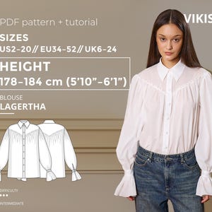 May include: A white blouse with long sleeves and a ruffled cuff, paired with blue jeans. The image includes text indicating it's a PDF pattern and tutorial for sizes US2-20, EU34-52, and UK6-24. The blouse is named "Lagertha."
