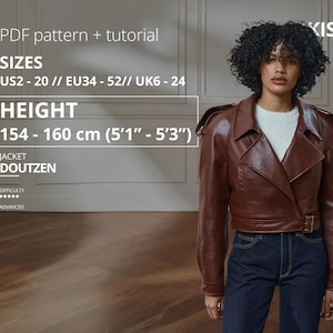 May include: A woman wearing a brown leather jacket with a belt, paired with dark blue jeans. The jacket has a unique design with shoulder details. The image includes text indicating a PDF pattern and tutorial for the jacket, with sizes US2-20 and a height range of 5'1" - 5'3".