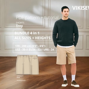 May include: A PDF sewing pattern and tutorial for Troy shorts by VIKISEWS. The bundle includes all sizes and heights from 170-200 cm (5'5"-6'6") and US sizes 2-20. The image shows a technical drawing of beige shorts and a model wearing them.