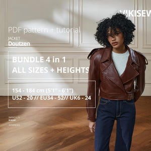 May include: A brown leather jacket with a belted waist and shoulder details. The image includes text that reads "PDF pattern + tutorial JACKET Doutzen" and "BUNDLE 4 in 1 ALL SIZES + HEIGHTS". The jacket is designed for heights between 5'1" and 6'1".