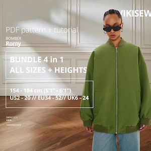 Puede incluir: Una chaqueta bomber verde con cremallera. La imagen incluye texto que dice "PDF pattern + tutorial BOMBER Romy BUNDLE 4 in 1 ALL SIZES + HEIGHTS 154-184 cm (5'1"-6'1") US2-20 // EU34-52 // UK6-24". Dificultad intermedia.