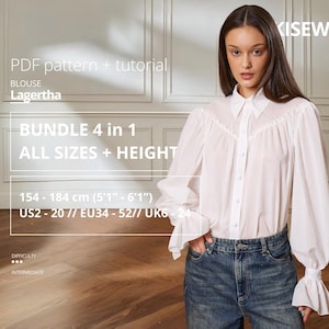 Pacote de Moldes para Blusa Lagertha em PDF | Blusa Romântica com Mangas de Babados | Blusa Boho em PDF | Tamanhos EU 34–52 Altura 154-184