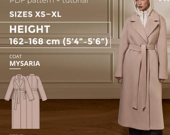 Molde de costura em PDF para casaco Mysaria com tutorial, tamanhos EU34-EU52 para pessoas com altura entre 162 e 168 cm. Casaco plus size, modelo oversized, casaco estiloso para fazer você mesmo.