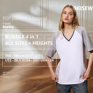 Puede incluir: Una camiseta blanca y gris con cuello en V y mangas cortas. La camiseta tiene un ribete negro alrededor del escote. El texto en la imagen dice "PDF pattern + tutorial", "T-SHIRT Marley", "BUNDLE 4 in 1" y "ALL SIZES + HEIGHTS". La altura es de 154-184 cm.