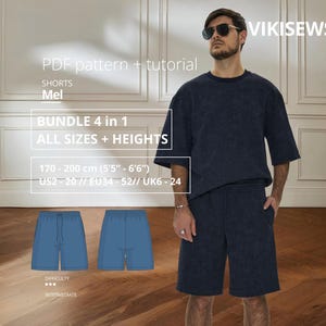 May include: A PDF pattern and tutorial for Mel shorts, a 4-in-1 bundle for heights 5'5"-6'6" and sizes US 2-20. The image features a person wearing a dark navy short-sleeved shirt and matching shorts, with a technical drawing of the shorts included.