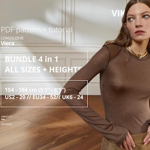 Viera Long Sleeve Pattern Bundle Top PDF Schnittmuster mit Anleitung EU34-EU52 Körpergröße 162-168 cm Sewing Basic Top Schnittmuster DIY