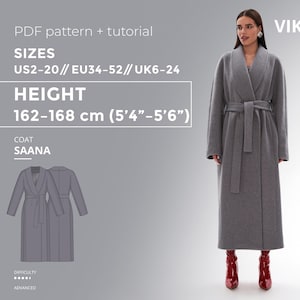 Modello di cucito in PDF per cappotto Saana con tutorial, taglia EU34-EU52 per altezza 162-168 cm