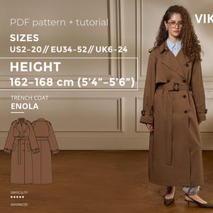 Enola-trenchcoat pdf-naaipatroon met tutorial, maat EU34-EU52 voor een hoogte van 162-168 cm