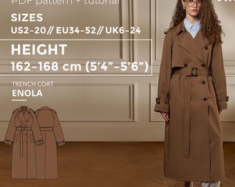 Molde de costura em PDF para o sobretudo Enola com tutorial, tamanhos EU34-EU52 para pessoas com altura entre 162 e 168 cm.