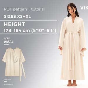 Patrón de costura para bata de novia Amal, talla XS-XL para altura de 178-184 cm, bata holgada hasta los tobillos con mangas largas, patrón PDF para uso en casa.