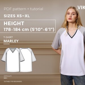 May include: White and gray T-shirt with a V-neck and short sleeves. The shirt is part of the "MARLEY" pattern, suitable for beginners, and comes in sizes XS-XL. The height range is 5'10"-6'1". The image also includes the text "PDF pattern + tutorial".