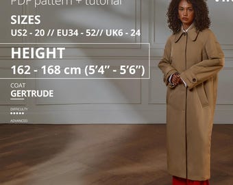 Molde de costura em PDF para casaco Gertrude com tutorial, tamanhos EUA 2-20 para altura de 1,62 m a 1,68 m, molde de costura para casaco oversized, molde de costura moderno.