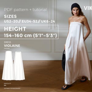 Könnte beinhalten: Eine Frau trägt ein weißes, trägerloses, bodenlanges Kleid mit Taschen. Der Text im Bild lautet: "PDF pattern + tutorial", "GRÖSSEN US2-20/EU34-52/UK6-24", "HÖHE 154-160 cm (5'1"-5'3")" und "DRESS VIOLAINE".