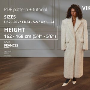 May include: A woman wearing a long, cream-colored coat with a classic lapel collar and pockets. The coat is part of a sewing pattern, as indicated by the text "PDF pattern + tutorial." The pattern includes sizes US2-20 and is designed for individuals 5'4" - 5'6" tall.