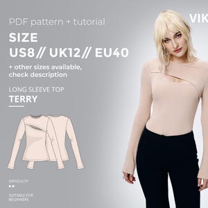 May include: A long-sleeved beige top with a cutout detail, paired with black pants. The image includes a pattern and tutorial for the "TERRY" top, with sizes US8, UK12, and EU40. The difficulty level is suitable for beginners.