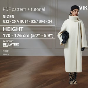 May include: A woman wearing a long, off-white coat with a high collar and wide sleeves. The coat is part of a sewing pattern labeled "Raincoat Bellatrix" with sizes US2-20 and a height range of 5'7"-5'9". The image includes the text "VIKISEWS".