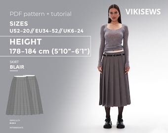 Blair Skirt PDF Sewing Pattern With Tutorial, Size EU34-EU52 for