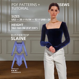 Könnte beinhalten: Ein langärmeliges Bustier-Oberteil aus marineblauem Samt mit quadratischem Ausschnitt. Das Bild enthält Text: PDF PATTERNS + TUTORIAL, SIZES US2-20, EU34-52, UK6-24, HEIGHT 162-168 CM, BUSTIER TOP SLAINE und DIFFICULTY INTERMEDIATE mit einer Skizze.
