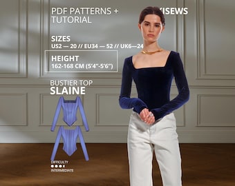 May include: A navy blue long-sleeve velvet bustier top with a square neckline. The image includes text: PDF PATTERNS + TUTORIAL, SIZES US2-20, HEIGHT 162-168 CM (5'4"-5'6"), BUSTIER TOP SLAINE, and DIFFICULTY INTERMEDIATE with a diagram of the top.