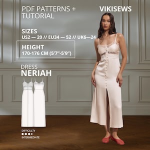 May include: A light-colored midi dress with thin straps, lace detailing on the bodice, and a front button placket. The text reads PDF PATTERNS + TUTORIAL, VIKISEWS, SIZES US2-20, HEIGHT 170-176 CM (5'7"-5'9"), DRESS NERIAH, and DIFFICULTY INTERMEDIATE.
