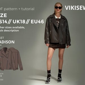 Peut inclure: Une femme porte une veste en cuir marron foncé avec une fermeture éclair, une mini-jupe et des talons. L'image comprend le texte "VIKISEWS" et "JACKET MADISON". La taille est US14, UK18, EU46. Difficulté : Avancé.