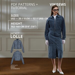 Lolle jacka sömnadsmönster PDF Denim Utility jacka mönster Arbetsjacka Avancerad damsömnadsmönster Jacka pdf Mönsterhöjd 162-168