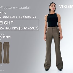 Puede incluir: Una mujer con pantalones marrones y un top negro. La imagen incluye un patrón y tutorial para pantalones Candice, con tallas US2-20, EU34-52, UK6-24, y una altura de 162-168 cm. Dificultad intermedia.