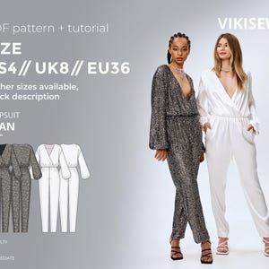 May include: Two women model jumpsuits. One wears a silver sequined jumpsuit with long sleeves and a plunging neckline. The other wears a white jumpsuit with a wrap-style top and wide-leg pants. The image includes a pattern and tutorial for the "IMAN" jumpsuit.