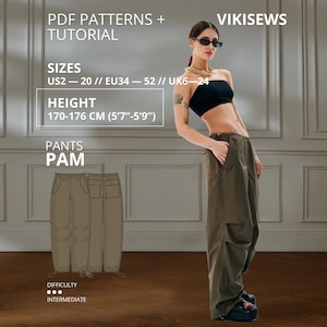 Pam cargo pants 170-176 height US sizes 2 - 20 pattern, oversized pants pattern with pdf tutorial, drawstring baggy trousers sewing pattern