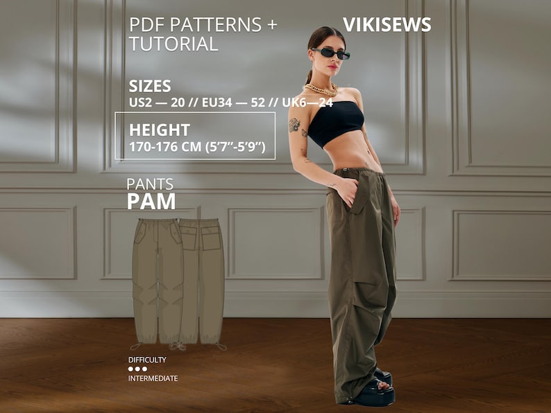 Pam cargo pants 170-176 height US sizes 2 - 20 pattern, oversized pants pattern with pdf tutorial, drawstring baggy trousers sewing pattern image 1