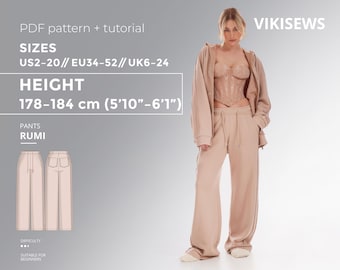 Patrón de costura en PDF para pantalones Rumi US 2–20 / Patrón digital para pantalones de punto con cordón, altura 178–184 cm, patrón de costura para pantalones de silueta recta