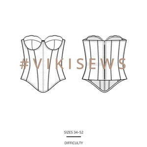 May include: A technical line drawing of a corset pattern labeled KIERNAN and #VIKISEWS. The illustration shows front and back views with vertical panel seams, a sweetheart neckline, and a pointed hem. Text indicates SIZES 34-52 and ADVANCED DIFFICULTY.