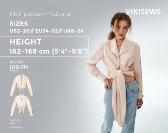 Joslyn Blouse 162-168 height US sizes 2 - 20 pattern, cropped blouse sewing pattern with tutorial