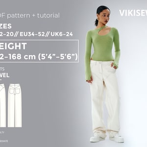 May include: A woman wearing a light green long-sleeve top with a cutout and white pants. The image includes text: "PDF pattern + tutorial", "SIZES US2-20", "HEIGHT 162-168 cm (5'4"-5'6")", and "PANTS JEWEL".