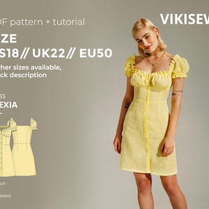 May include: A yellow dress with a button-down front and ruffled sleeves. The image includes a diagram of the dress and text that reads "PDF pattern + tutorial", "SIZE US18 // UK22 // EU50", and "DRESS ALEXIA". The difficulty level is intermediate.