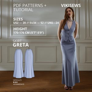 Puede incluir: Un conjunto de chaleco y falda larga hasta el suelo en color azul bígaro. El texto incluye PDF PATTERNS + TUTORIAL, VIKISEWS, SIZES US2-20, HEIGHT 170-176 CM, SKIRT GRETA y DIFFICULTY INTERMEDIATE. El chaleco presenta un escote en V y botones.