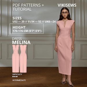 May include: A PDF sewing pattern and tutorial for the Melina dress by Vikisews. The dress is a sleeveless, light pink midi-length garment with a V-neckline, structured waist, and hip pockets. Sizes range from US 2 to 20 for heights 170-176 cm (5'7"-5'9").