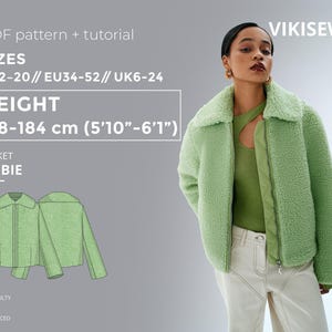 May include: A person wearing a light green, fluffy jacket with a zip closure and a wide collar. The image includes a pattern and text: "PDF pattern + tutorial", "SIZES UK6-24", and "HEIGHT 178-184 cm (5'10"-6'1")". The jacket is labeled "ABBIE".