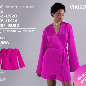 May include: A magenta wrap blouse and shorts are modelled by a woman. The image includes a diagram of the blouse, the text "BLOUSE LAIMA", and sizing information: US2-US20, UK6-UK24, EU34-EU52. The height range is 162-168 cm. The text "special edition" is also visible.