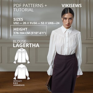 Puede incluir: Una blusa blanca de manga larga con cierre de botones, cuello en punta y detalles fruncidos en los hombros. El texto dice PDF PATTERNS + TUTORIAL, VIKISEWS, SIZES US2-20, HEIGHT 178-184 CM, BLOUSE LAGERTHA y DIFFICULTY INTERMEDIATE.