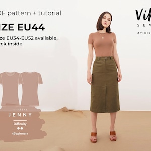 May include: A woman wearing a brown t-shirt and olive green skirt. The image includes a pattern for a t-shirt named "Jenny" with a difficulty level of "Beginner". The text "SIZE EU44" is displayed, with additional sizes available.